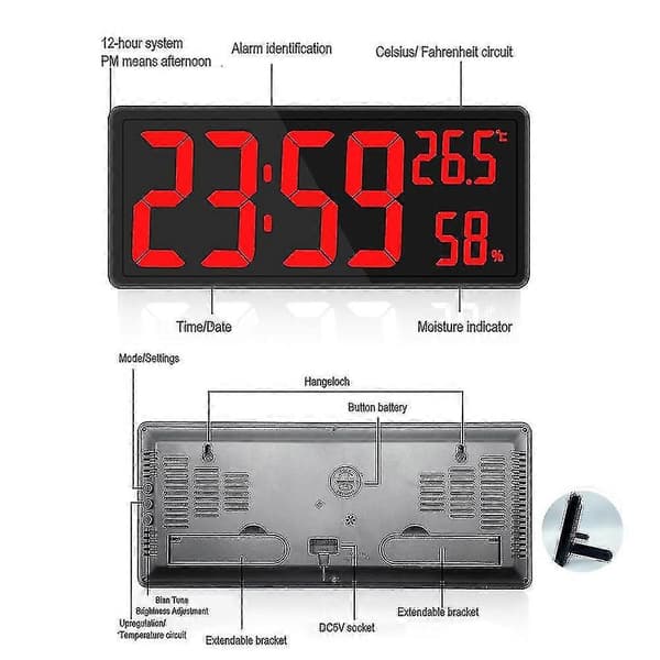 Digital klocka stor display, stor digital väggklocka med temperatur och luftfuktighet, digital väggklocka med LED-siffror för sovrum, kontor röd{BT} red