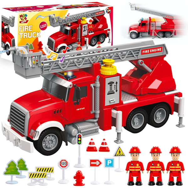Brandbilsleksaksset för barn - Brandbil med vattenspray, roterande stege + 3 brandmän, vägskyltar, ljus och ljud[qb]
