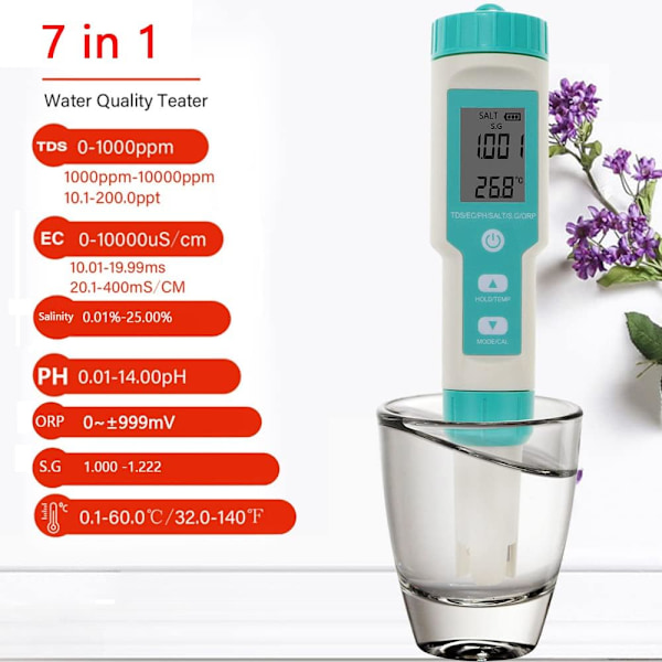 7 i 1 elektronisk ph-meter, ph-meter PH/TDS/Temp/SG/EC/ORP vandkvalitetstestværktøj ± 0,01 høj præcision, ph-tester drikkevandstester