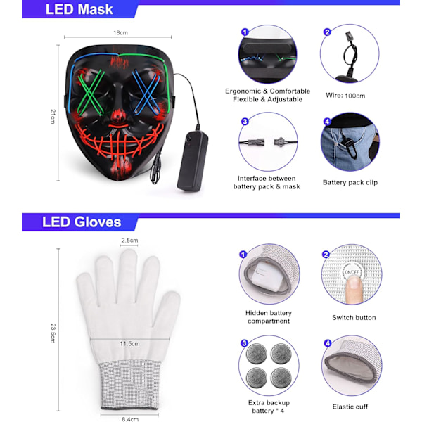 Halloween-maske LED-maske & hansker i flere lysmoduser Multicolor (1 Set)