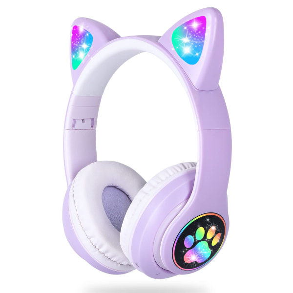Flash Light Cute Cat Ears Wireless Headphones with Mic Can Control LED Purple