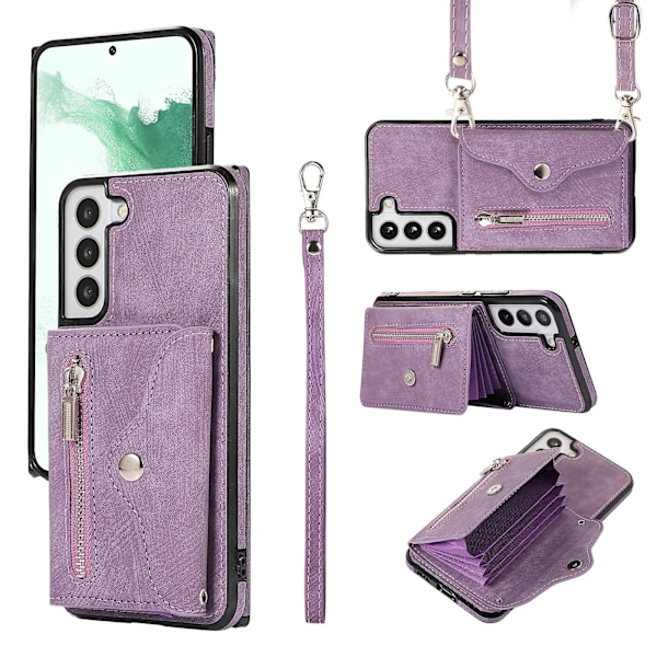 Telefonfodral för Samsung Galaxy S22 5g med stativ, RFID-blockering, kortfodral, PU-läder + TPU-skal Purple