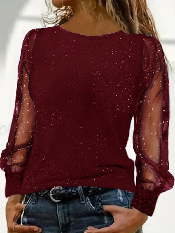 Sequin Mesh Patchwork Topp for Kvinner | Langermet Party Bluse*Claret*4XL Claret 4XL