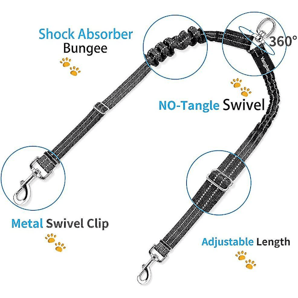 Dobbel kobbel, justerbar og 360 roterbar, hundekobbel for 2 hunder, reflekterende elastisk kobbel, for små, mellomstore og store hunder Hy