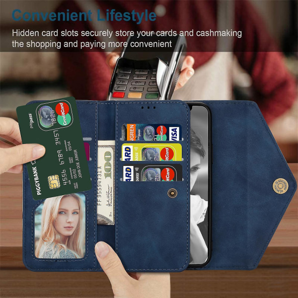 Läder crossbody axelrem dragkedja plånbok kompatibel Samsung Galaxy S23 Ultra/s23 Plus/s23 med korthållare blå Blue S23