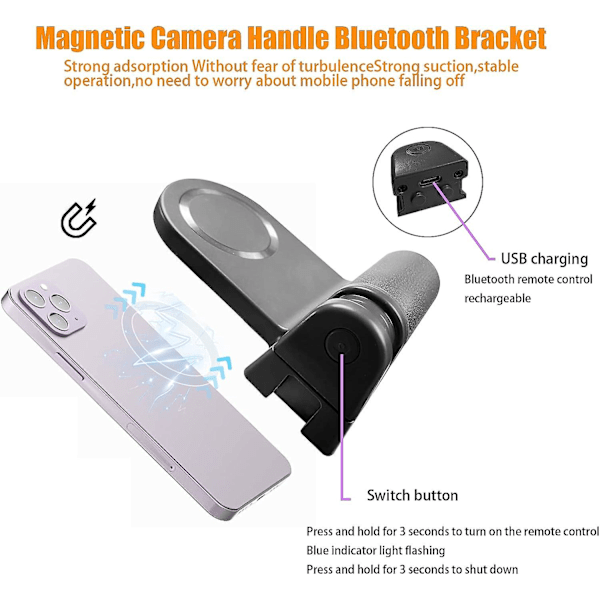 Magnetisk kameragreb Bluetooth-montering, med aftagelig Bluetooth-udløserfjernbetjening og kolde sko, til iPhone, Samsung, AndroidGrå