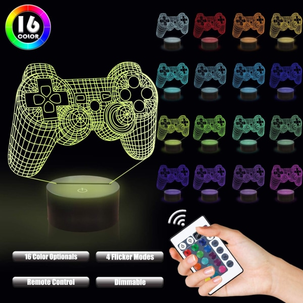 3D-spelkontrolllampa spelkonsol nattlampa 3D-illusionlampa för barn, 16 färger kan ändras med fjärrkontroll, spelrum spelare present, barnrumsdekor