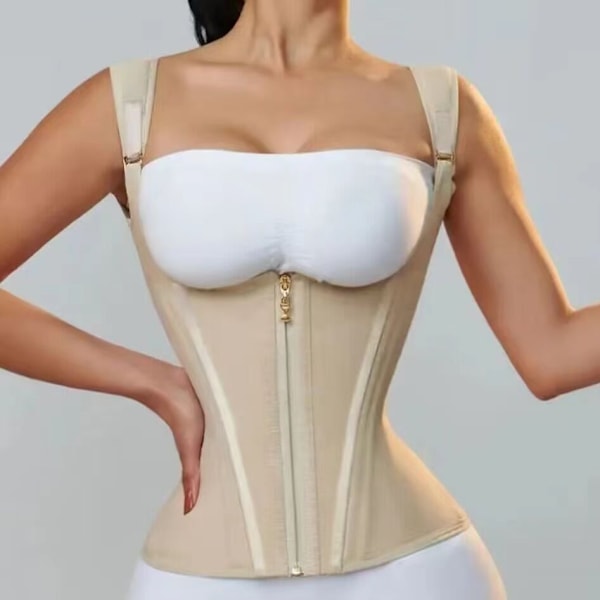 Midjekorsett med radsöm och dragkedja, postpartum korsett midjetränare kroppsformare beige beige S