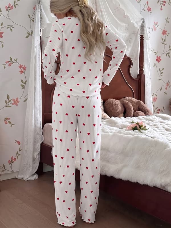 Ribbat pyjamasset för dam med hjärtmönster, långärmad tröja och loungebyxor med elastisk midja, varma vintersovkläder XXL White
