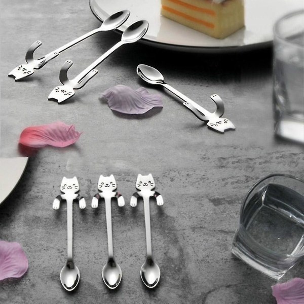 5 X Cartoon Cat Long Handle Soup Stainless Steel Dessert Cake Coffee Spoon Cutlery