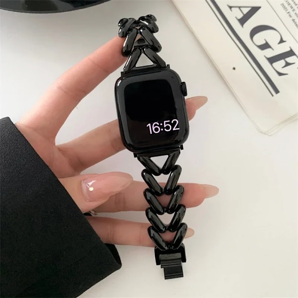 Lyxig kärleks hjärta metallrem för Apple Watch Band Ultra 44mm 45mm 41mm 40mm 49 Damarmband för iWatch Series 9 8 7 6 SE 5 3 Svart Black 38mm 40mm 41mm