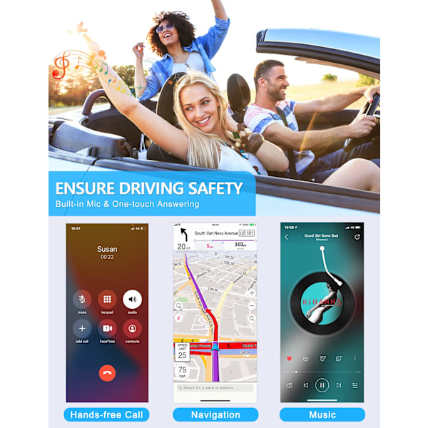 Bluetooth 5.0-mottaker for bil med støyreduksjon, AUX-adapter, hjemmstereo/håndfri samtale, Bluetooth-musikkmottaker, 16 timers batterilevetid – svart