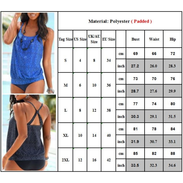 Naisten uimapukushortsit Push-Up Bikini Uima-asu Ranta-asu Sininen Sininen Blue 2XL