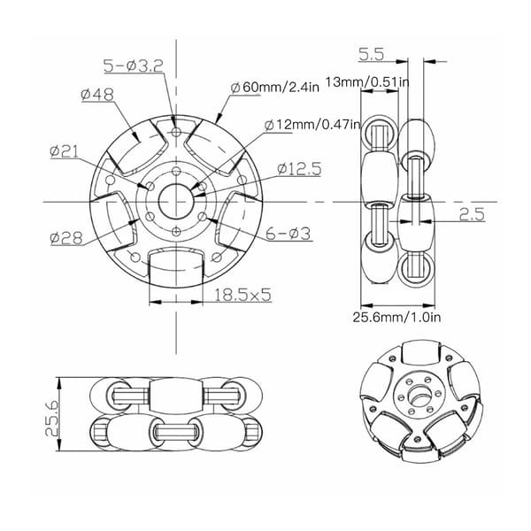 60mm Robot Omni Hjul Aluminiumlegering 360 Graders Rotasjon Utskifting Oppgradering