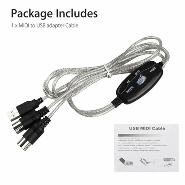 USB IN-OUT MIDI-kabelkonverter PC til musikinstrument-adapter Co Sort One Size