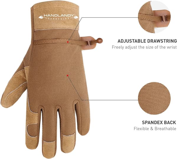 Havearbejdshandsker til kvinder - Fleksible & Holdbare, Åndbare Utility Arbejdshandsker, Robust Læder Havehandsker (Small, khaki)