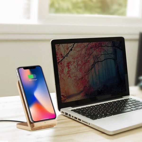 Trådløs bambuslader, Qi-ladestativ for iPhone 11/XR/XS Max/XS/X/SE 2020, 10W hurtiglading for Samsung Galaxy S20/S10/Note10/S9/S9+/S8+/Note 9