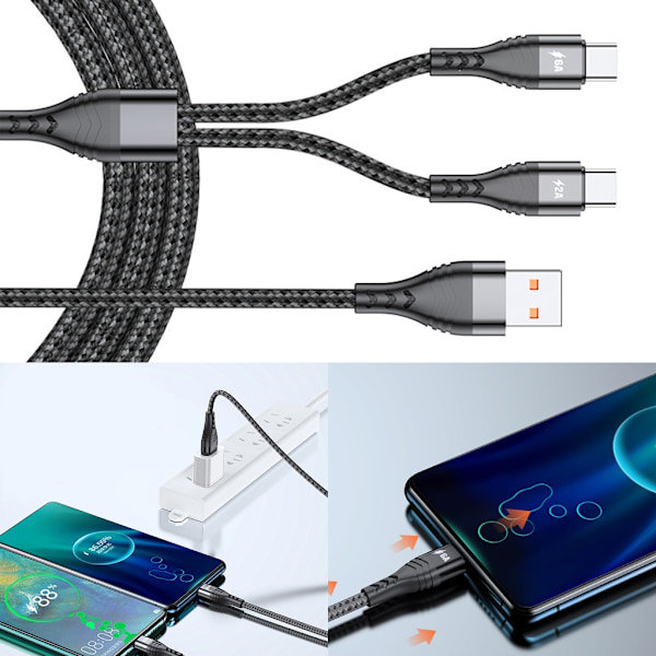 1 i 1 Multippel Ladningskabel USB til 2 Dobbel Type C-kontakt Hurtigladekabel for Mobiltelefoner, Nettbrett og Mer