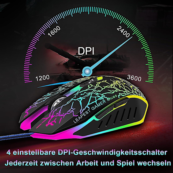 PC-mus med kabel, optisk USB-spelmus för stationär/bärbar dator, 1200 till 3600 4 justerbara DPI, RGB-ljus, ergonomisk med 6 programmerbara knappar