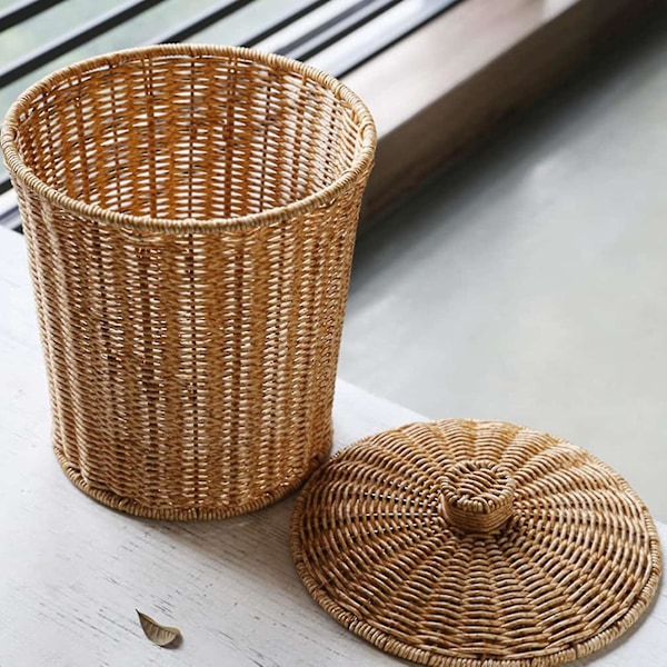 Yhsqv - vävd korg papperskorg rund rotting papperskorg med lock planter vävda korgar korg papperskorg
