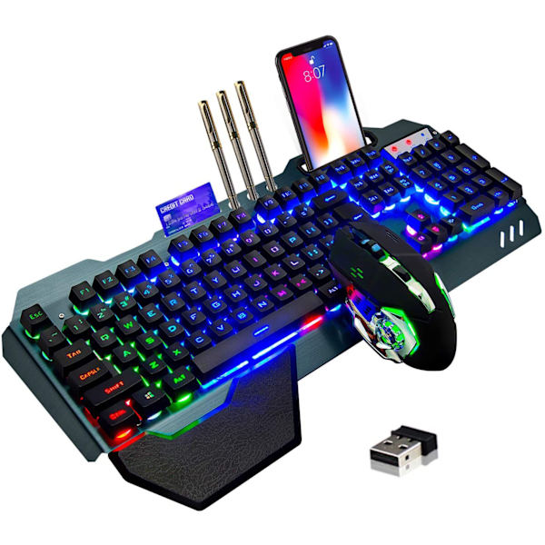 Trådløst gaming-tastatur og -mus, genopladelig med regnbue-baggrundsbelysning