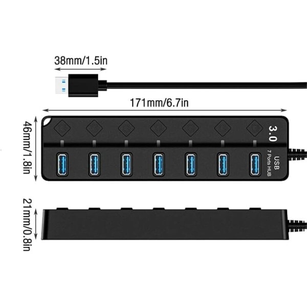 USB 3.0 Hub, Multi 7 Port USB Power Strip med uavhengig bryter, drevet USB 3.0 Hub, Flere USB-porter for PC, bærbar PC