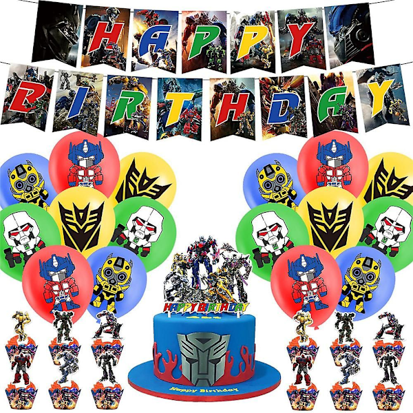 Transformers-teemainen syntymäpäiväkoristeiden tarvikepaketti - lippu, ilmapallot, kakun koristeet - täydellinen