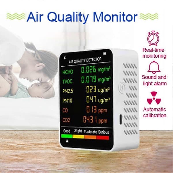 6-i-1 PM2.5 PM10 HCHO TVOC CO CO2 Multifunksjonell luftkvalitetsdetektor med LCD-skjerm{BT}