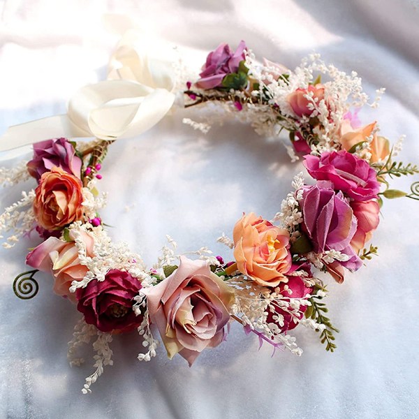 Blomsterkrans Blomsterkrone Hodebånd, Rose Bryllup Hårtilbehør med Sett, GuKKK Blomsterhodebånd Justerbart Belte, Hårbånd Blomster[qb]
