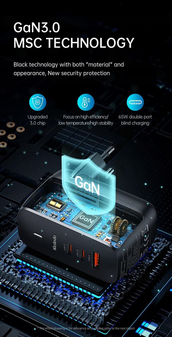Lader for laptop, mobiltelefon, Mcdodo GaN 3.0 Hurtiglading, USB-C PD USB-A 65W