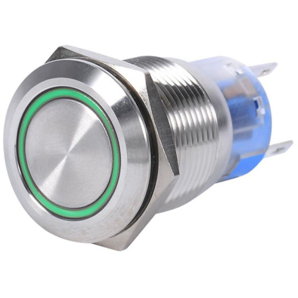 19mm 12V Vandafvisende Rustfrit Stål Selvlåsende Push Button Switch Grøn LED