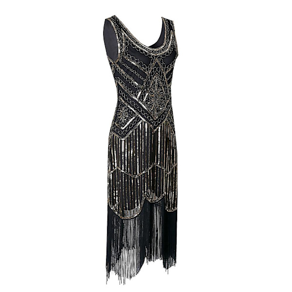 1920'er Flapperkjole til kvinder Lang frynser Great Gatsby kostumekjole 20'er pailletter perler vintage 4XL 4XL Black Gold