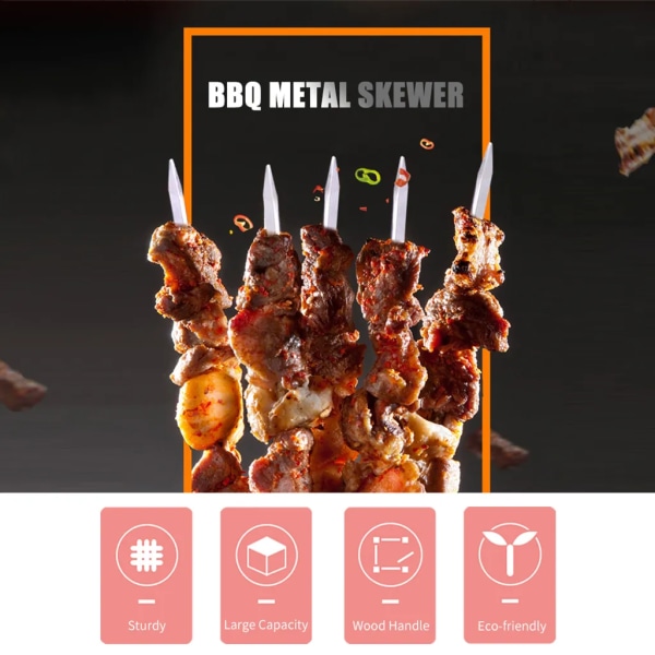 Genanvendelige grillspyd i metal til grillspyd i rustfrit stål til pølser, kød, fisk, grøntsager og bøffer