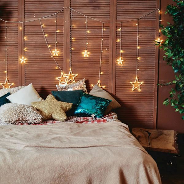 Julelys med LED-stjerner, gardinlys, 12 stjerner, 138 lys, 8 blinkende lys, hjemmedekorasjon, USB/batteridrevet (A - varm hvit)