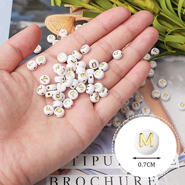 200 stk. bogstavperler 7mm bogstavperler alfabetperle hvid perle med guld bogstaver Crday gave