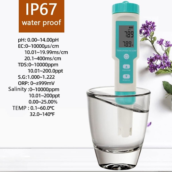 7 i 1 elektronisk pH-måler, pH-måler PH/TDS/Temp/SG/EC/ORP Vannkvalitetstestverktøy ± 0,01 Høy presisjon, pH-tester Drikkevannstester