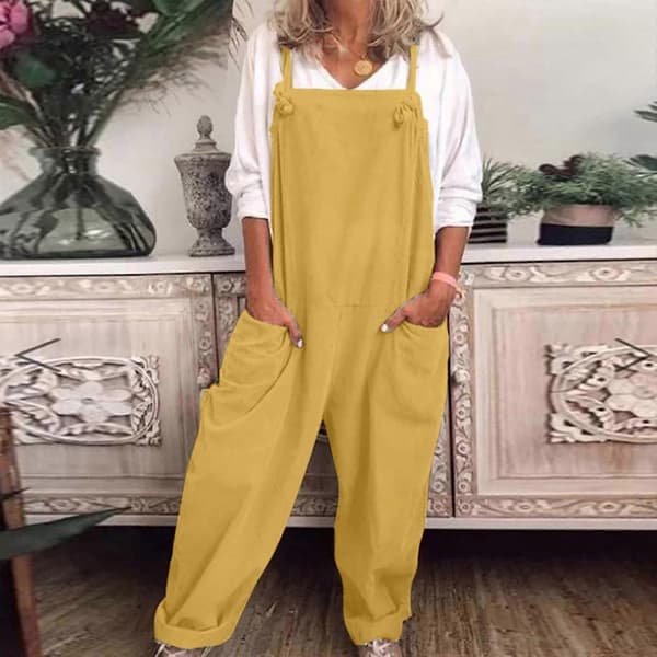 Afslappede løse overalls til kvinder, jumpsuit i bomuld og hør Yellow XXL