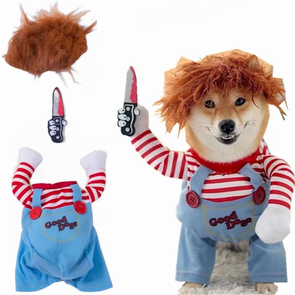 Dödlig docka hundkostym, Chucky hund cosplay rolig Halloween jul hundkostym festkläder passar små medelstora stora hundar (M: Bröst 21" - 27")