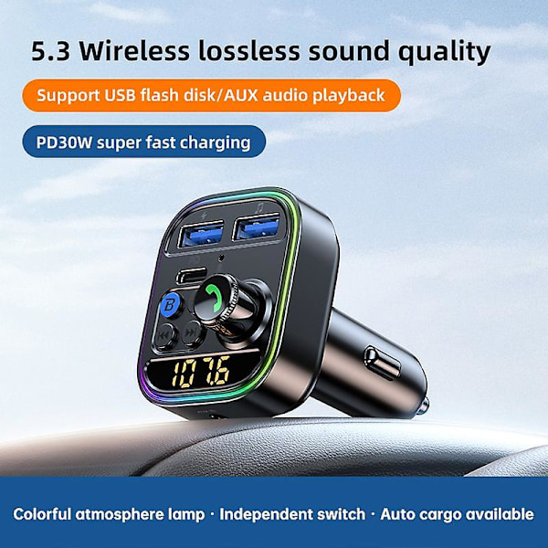 Bluetooth 5.3 FM-sender En-knapps bass Mp3-spiller Trådløs håndfri biladapter Qc3.0 Pd30w Hurtiglader