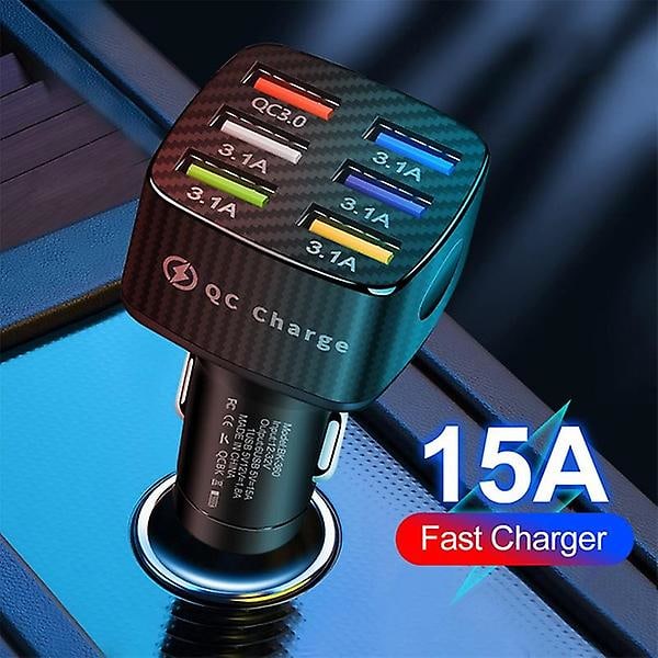 6 Porter USB Billader 75W Rask 15A Mini Hurtiglading for Mobiltelefonlader Adapter i Bil BC B