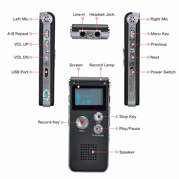 Bärbar Digital Röstinspelare Ljudinspelare Diktafon LCD-inspelare MP3-spelare - 8GB (Svart)