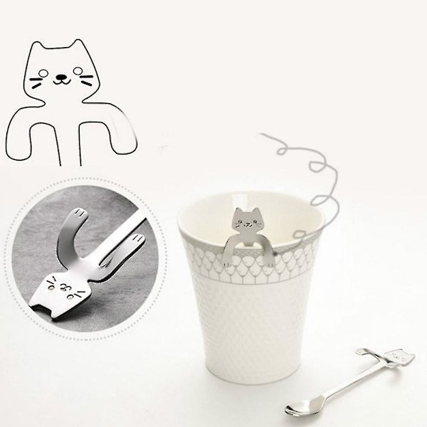 5 x Cartoon Cat Langskaftet Suppe Rustfrit Stål Dessert Kage Kaffe Ske Bestik