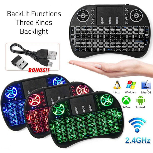 Trådlös Mini-tangentbord Fjärrkontroll Touchpad Mus Combo Controller med RGB-bakgrundsbelysning för Smart TV Android TV Box PC IPTTV 2.4GHz