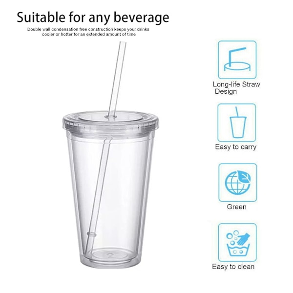 Återanvändbara plastkoppar Dubbelväggig transparent drickskopp med sugrör Återanvändbara koppar Lämplig för fruktjuice