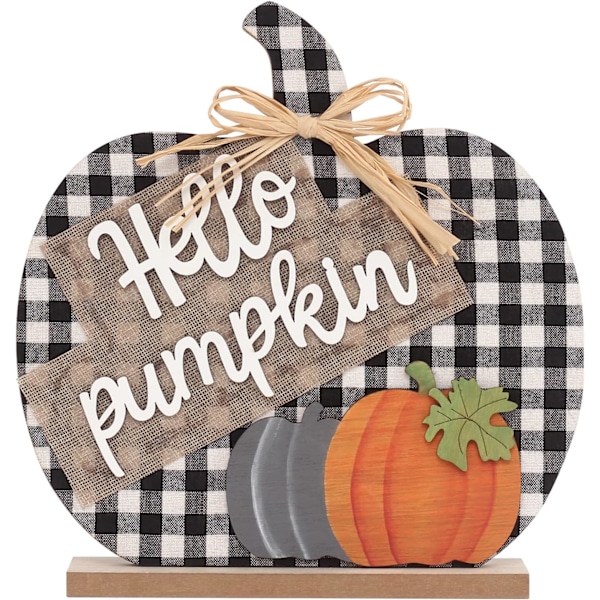 Fall Hello Pumpkin Sign Decorations, 12"/30CM Wooden Autumn Buffalo Plaid Tabletop Decor, for Home Farmhouse Living Room Thanksgiving  Day