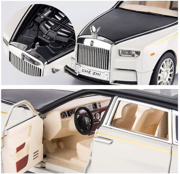 1/24 Rolls-Royce Phantom Modelbil, Zink Legering Tilbage Træk Legetøjsbil med Lyd og Lys til Børn Dreng Pige Gave (Hvid)