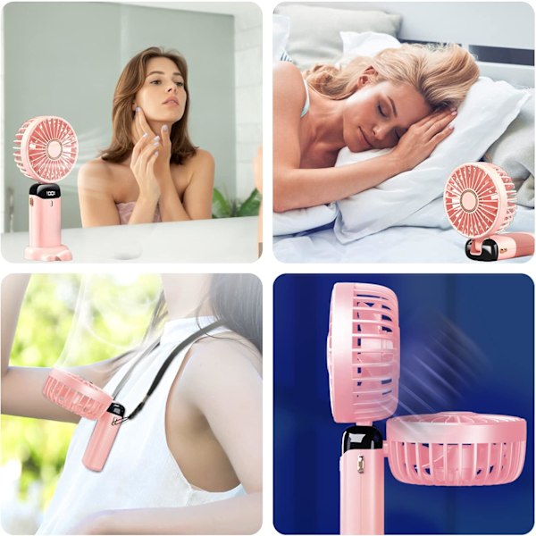 Handhållen Fläkt, Portabel Handhållen USB Uppladdningsbar Fläkt med 5 Hastigheter, Batteridriven Vikbar Fläkt med LED-Display (Rosa)