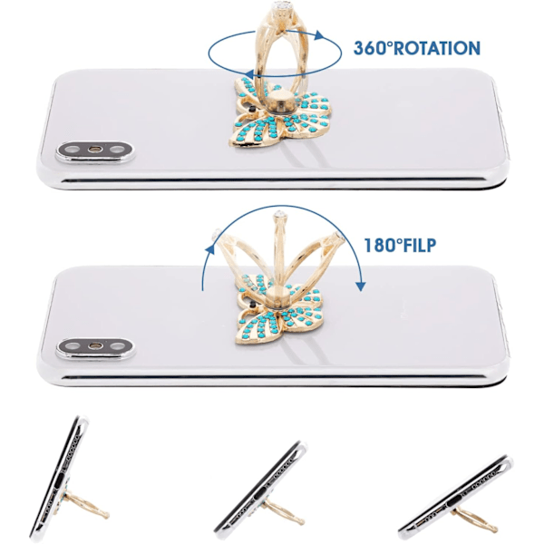 4 stk. Telefonringholdere med Rhinestones Glitter Sommerfugl Fingerstøtte 180°/360° Rotation Støtteben