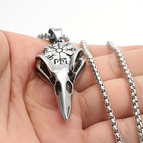 Odins Runamulet, Punk-stil Halsband med Kråkskalhänge för Män, Viking Smycken Silvery