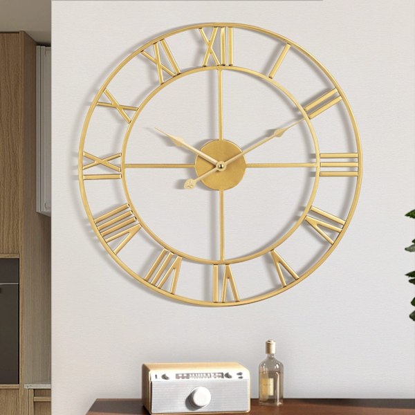 Stor väggklocka, Metall Retro Romerska Siffror Klocka, Modern Rund Tyst Väggklocka, Lätt att Läsa för Vardagsrum/Hem/Kök/Kontor/Guld-Perfet Guld Gold 40 inches